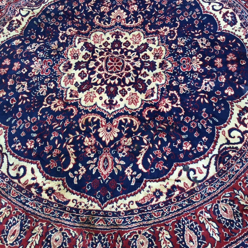VINTAGE ROUND MAT RUG OLD CARPET LOVELY DESIGN RED BLUE TASSEL EDGE gallery