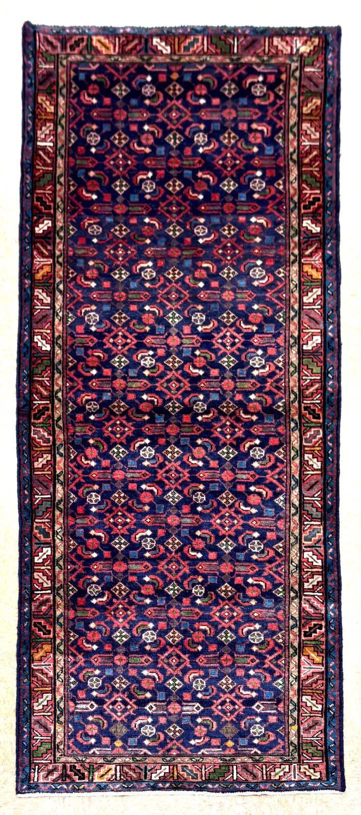 Vintage Hamedan Runner Rug 4x10 Hand Knotted Wool Navy Blue Tribal Oriental gallery