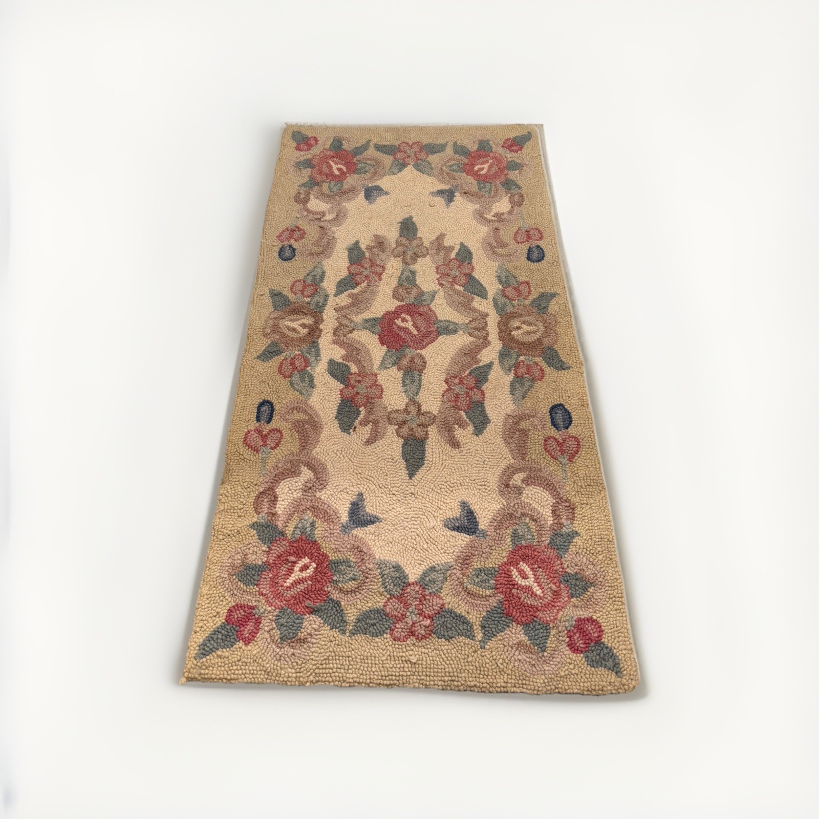 Vintage American Handmade Hooked Rug Wool Floral 21”x41” Cottage Grannycore 2x3 gallery