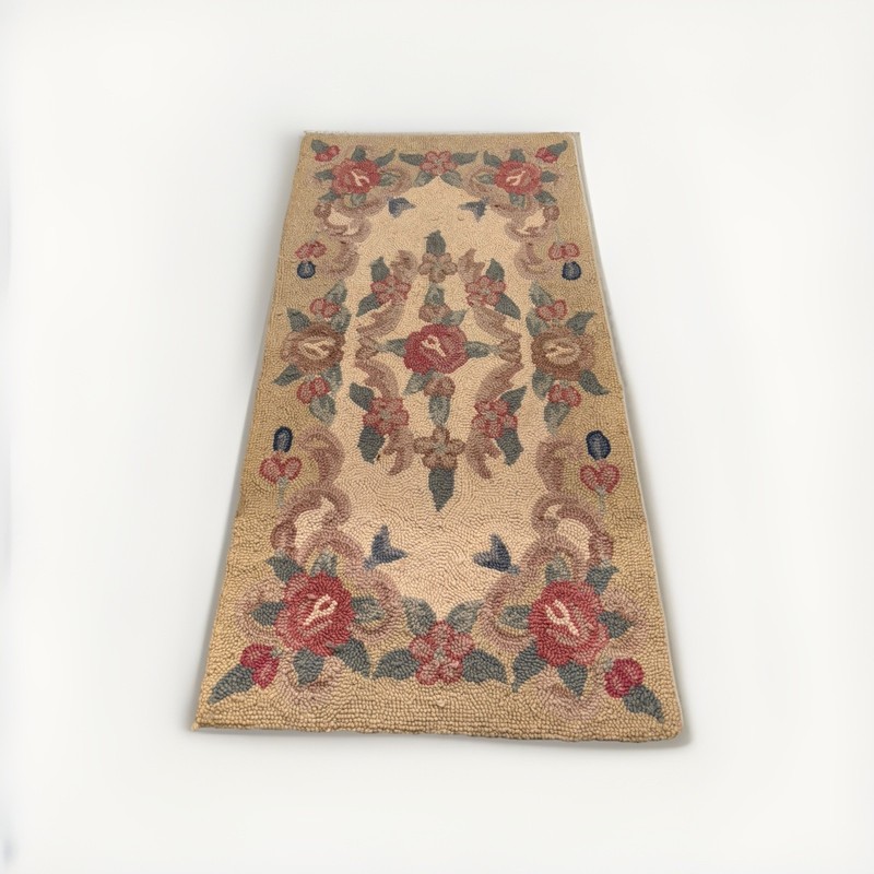 Vintage American Handmade Hooked Rug Wool Floral 21”x41” Cottage Grannycore 2x3 gallery