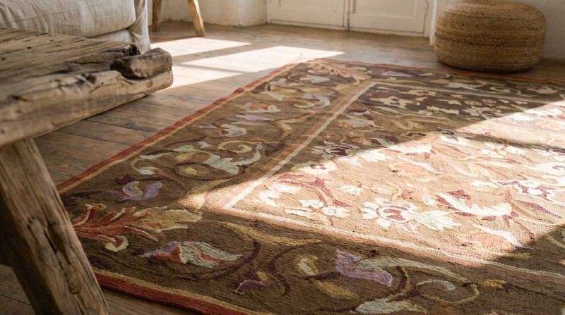 5'x5' Antique Square Brown Earth Tone Floral French Aubusson Flat Woven Rug gallery