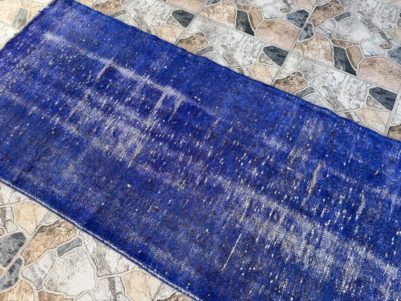 1970s Vintage Turkish Overdyed Runner Rug 2.6x9 ft Cobalt Blue Hand-Knotted Wool gallery