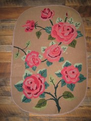 Vintage Antique Hooked Rug Floor Mat w/ Red Pink Rose Flowers Floral