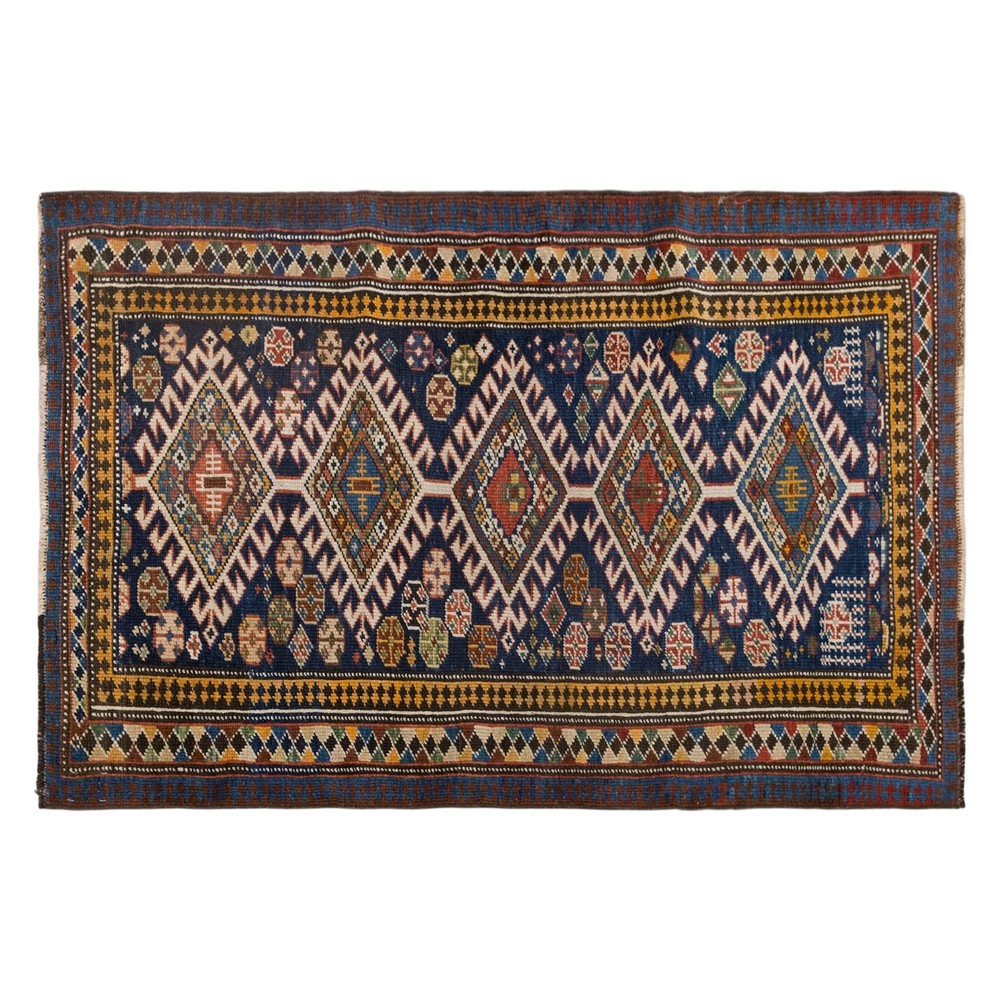 Vintage Handwoven Wool Rug, 60-Year-Old Geometric Tribal Blue Accent, 88 x 132cm