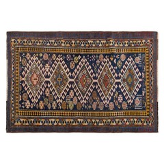 Vintage Handwoven Wool Rug, 60-Year-Old Geometric Tribal Blue Accent, 88 x 132cm