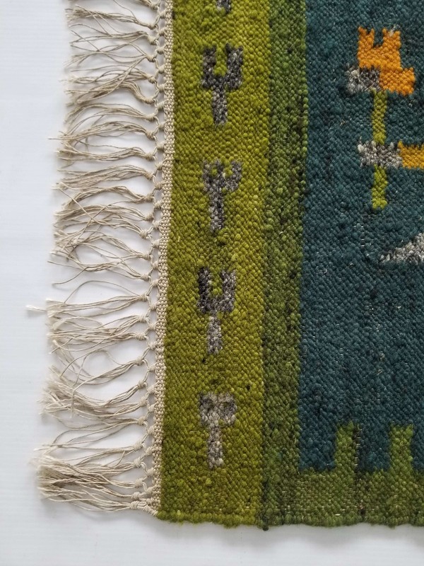 Fine Vintage Traditional Hand Made Oriental Wool Mustard Green Kilim 99x49cm gallery