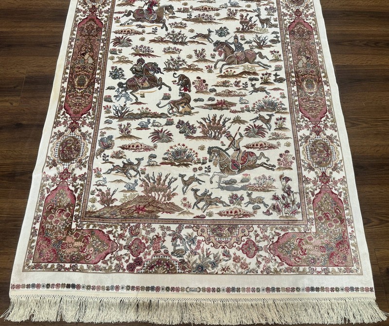 Turkish Silk Hunting Scene Rug 4x6, Ivory, Bamboo Silk, New gallery