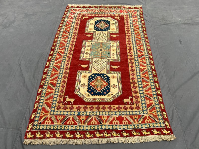 Red Turkish Pictorial Soumak Rug 4'3x7'1 Handmade Wool Animal Tribal Vintage rug gallery