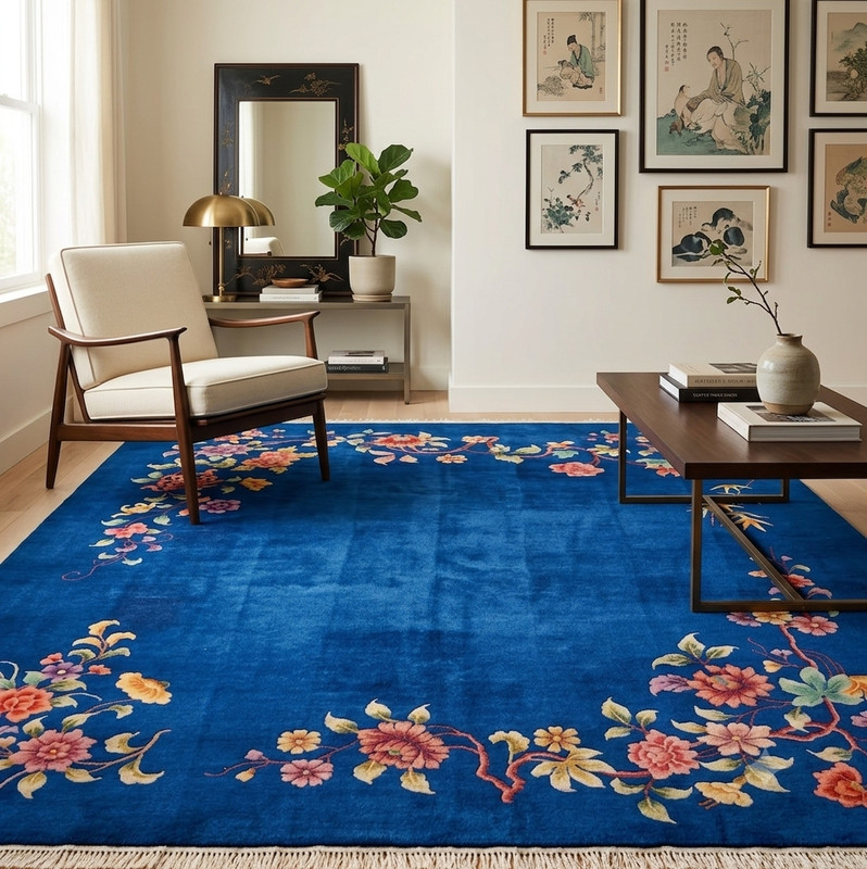 Handmade Chinese Floral Area Rug Blue Wool Vintage Art Deco Oriental Carpet gallery