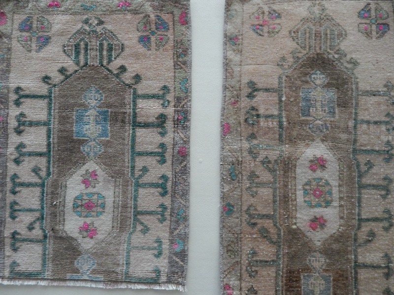 Vintage Small Wool Doormats, Set Of 2, Pair Hand Knotted Rugs, Oushak Ushak Rug gallery