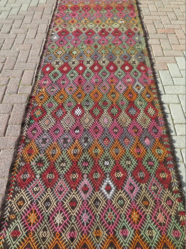 Multicolor Vintage Runner Kilim Wide Large Rug, Turkish Handwoven Kelim 42"x126" gallery
