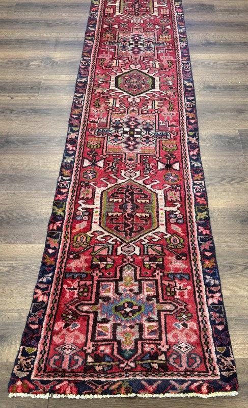 Heriz Karajeh Runner Rug 2x9 Geometric Medallions Red Navy Blue gallery