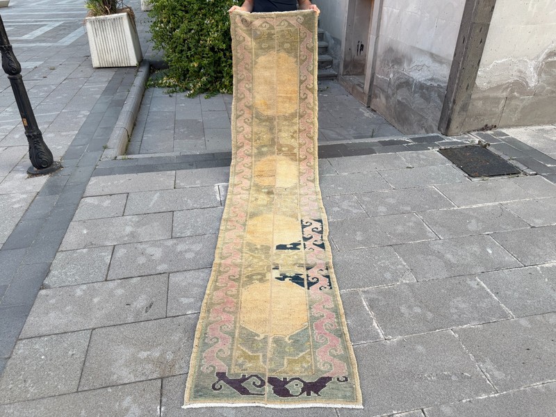 Vintage Turkish Oushak Runner Rug 2.2x10.1 Yellow Pink Hallway Kitchen Runner gallery