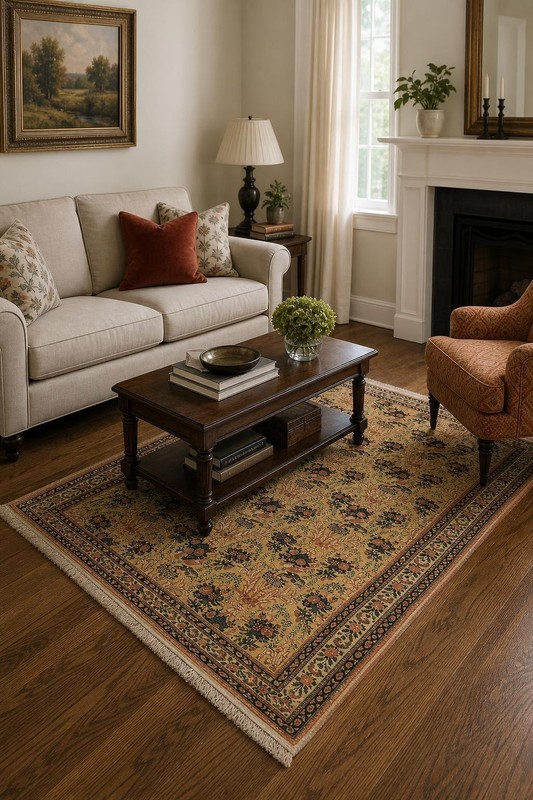 Pre-1900 Antique Style 7x5 Hand-Knotted Wool Floral Tribal Rug in Gold & Cream gallery