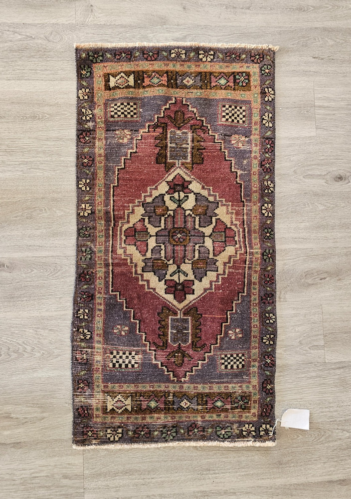 Vintage Turkish Rug 1950s Handmade Wool Oushak Small Area Rug 20x38 Low Pile
