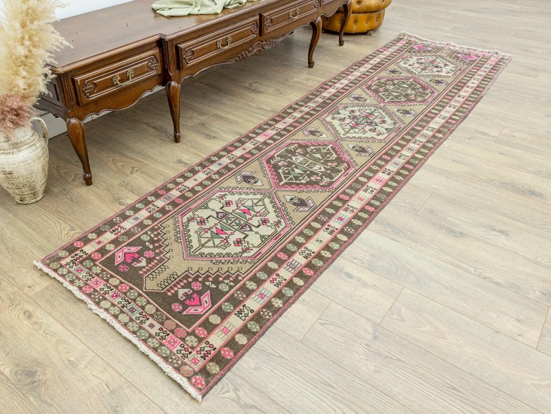 Turkish Oushak Runner Rug 2.7x10 ft – Pastel Pink Green – Modern Entry Rug gallery