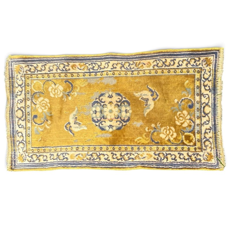 Vintage Chinese Art Deco Mini Velvet Tapestry Rug Mat Gold Blue Birds Medallion gallery