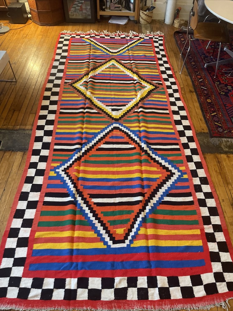 Vintage handwoven flat weave wool Tunisian Kilim 12’x5’ colorful
