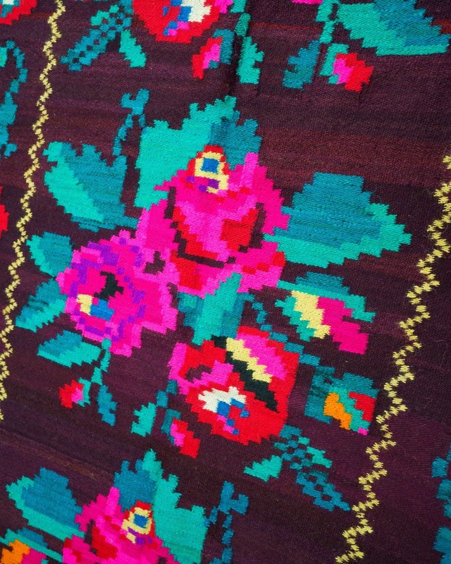 Romanian Bessarabian Floral Runner Rug Handwoven Wool Pink Roses 1970s 13x4ft gallery