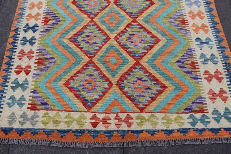 Kilim Vintage Traditional Hand Made Oriental Orange Green Wool Kilim 210x152cm gallery