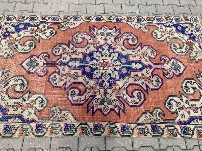 Pink Area rug, Turkish rug, Vintage Rug, Wool rug, Large rug, 4.2 x 7.2 ft gallery