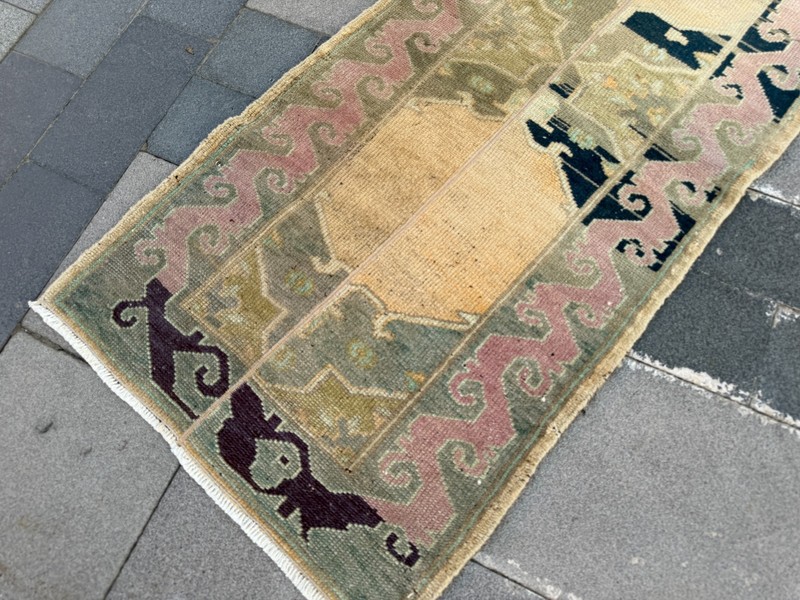 Vintage Turkish Oushak Runner Rug 2.2x10.1 Yellow Pink Hallway Kitchen Runner gallery
