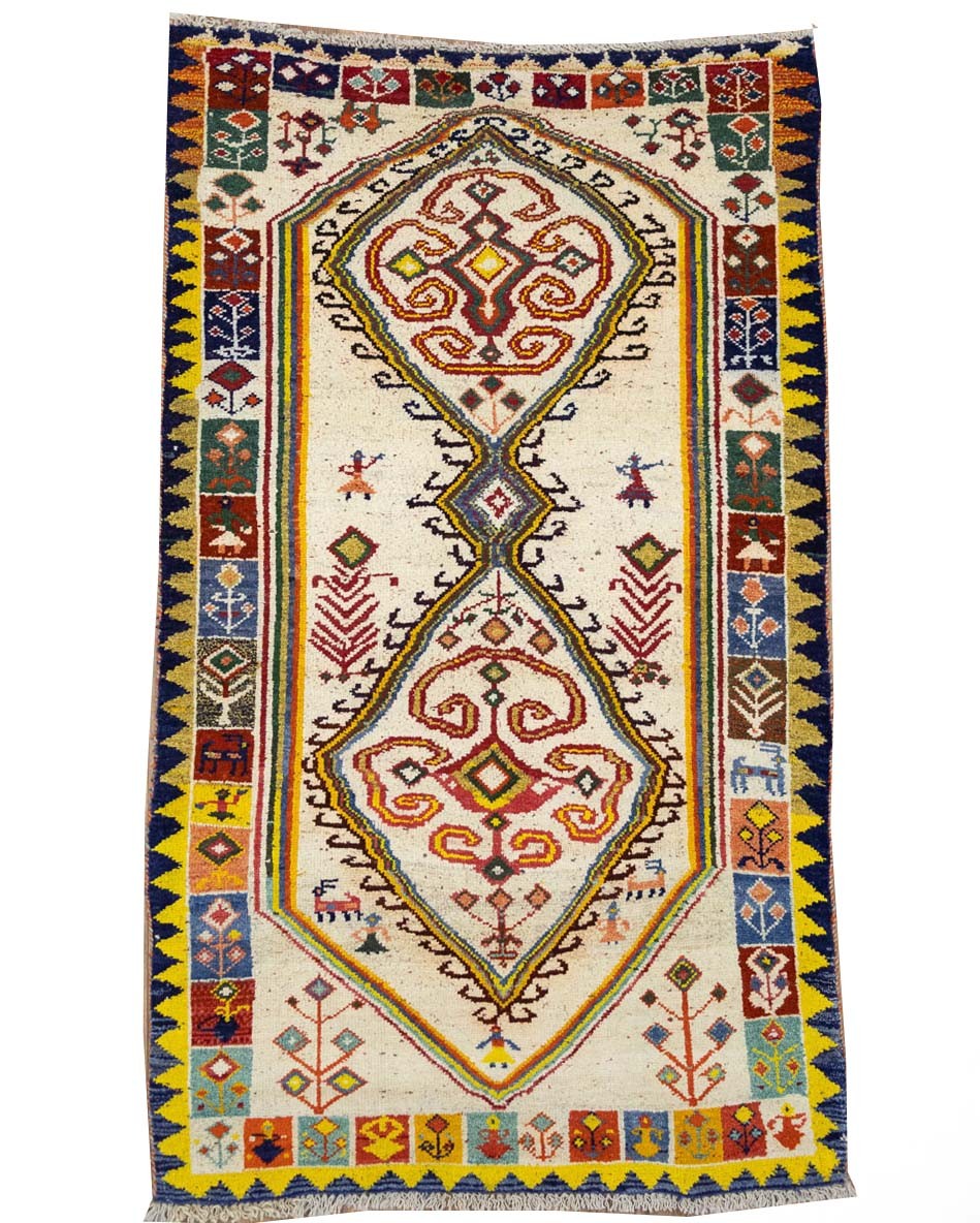 Semi-Antique Handmade Tribal Pictorial Oriental Rug Cream Entryway Carpet 3x6 Ft gallery