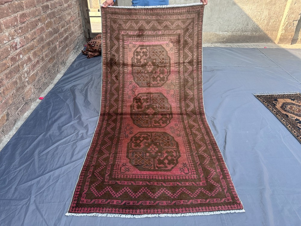 Vintage Turkmen Rug Terracotta Faded Geometric Wool Oriental Kitchen Area Rug