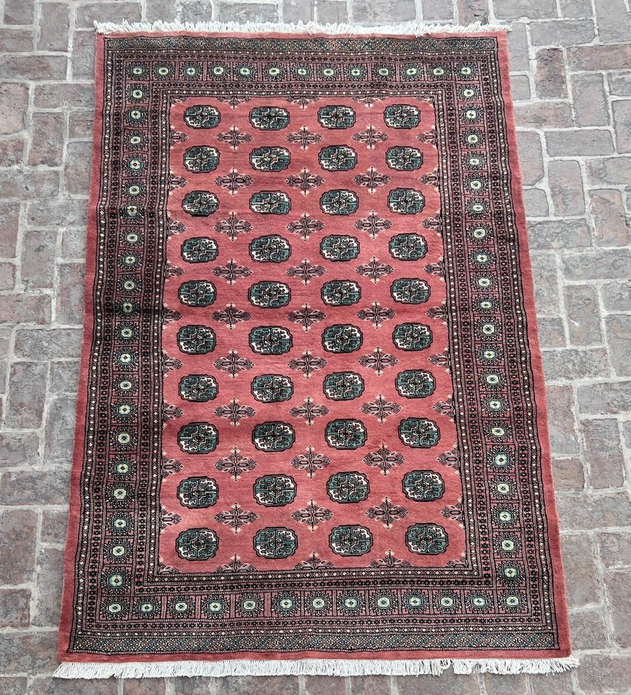 Pink Rose Green Afghan Bokhara Rug 5.2x8.3 Ft Vintage Hand Knotted Wool Area Rug