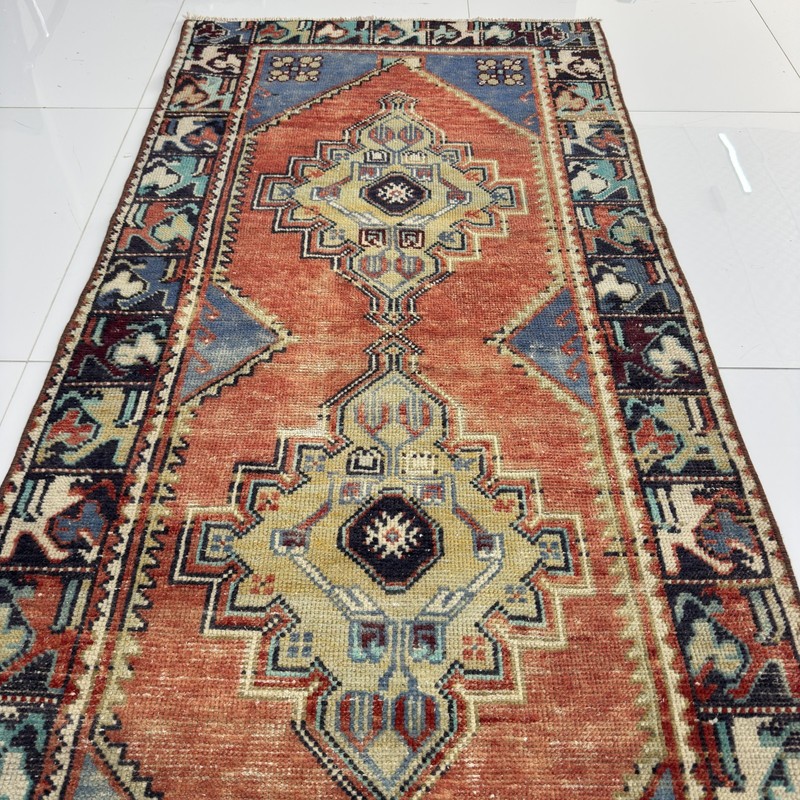 3x10 Blue And Terracotta Handwoven Antique Oriental Runner Rug- Tariff Free gallery