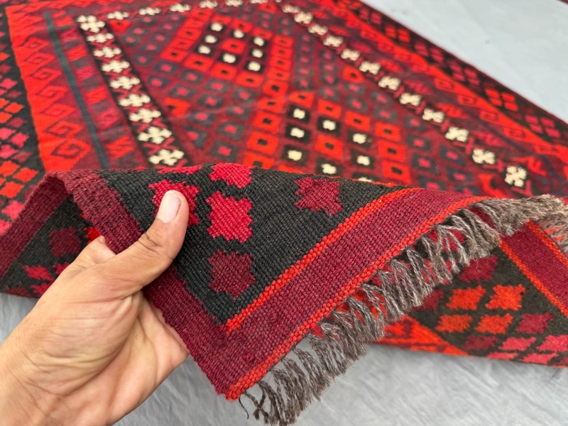 Vintage Afghan Ghelmori Kilim Rug, Handwoven Tribal Red Black Geometric Rug gallery