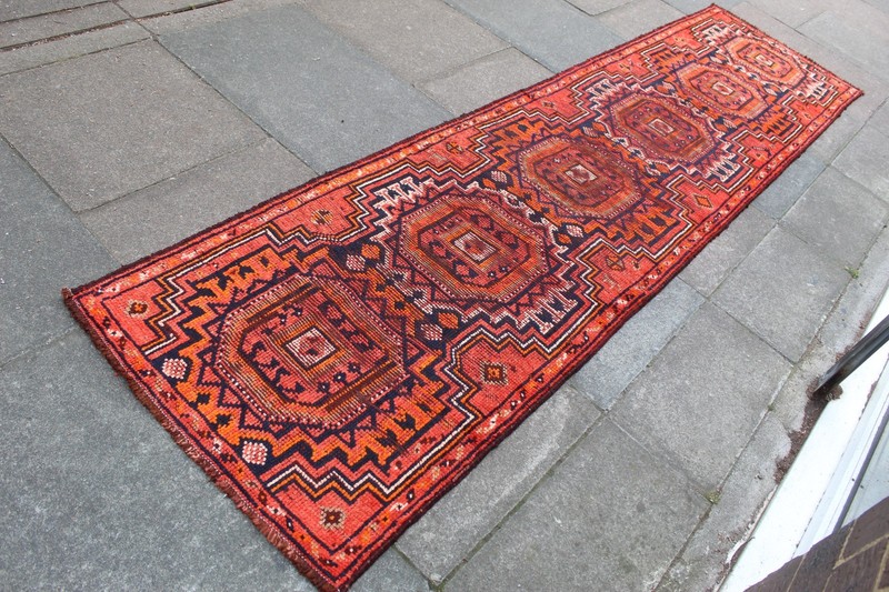 Vintage Worn Hand Made Traditional Oriental Wool Red Orange Long Runner 341x84cm gallery