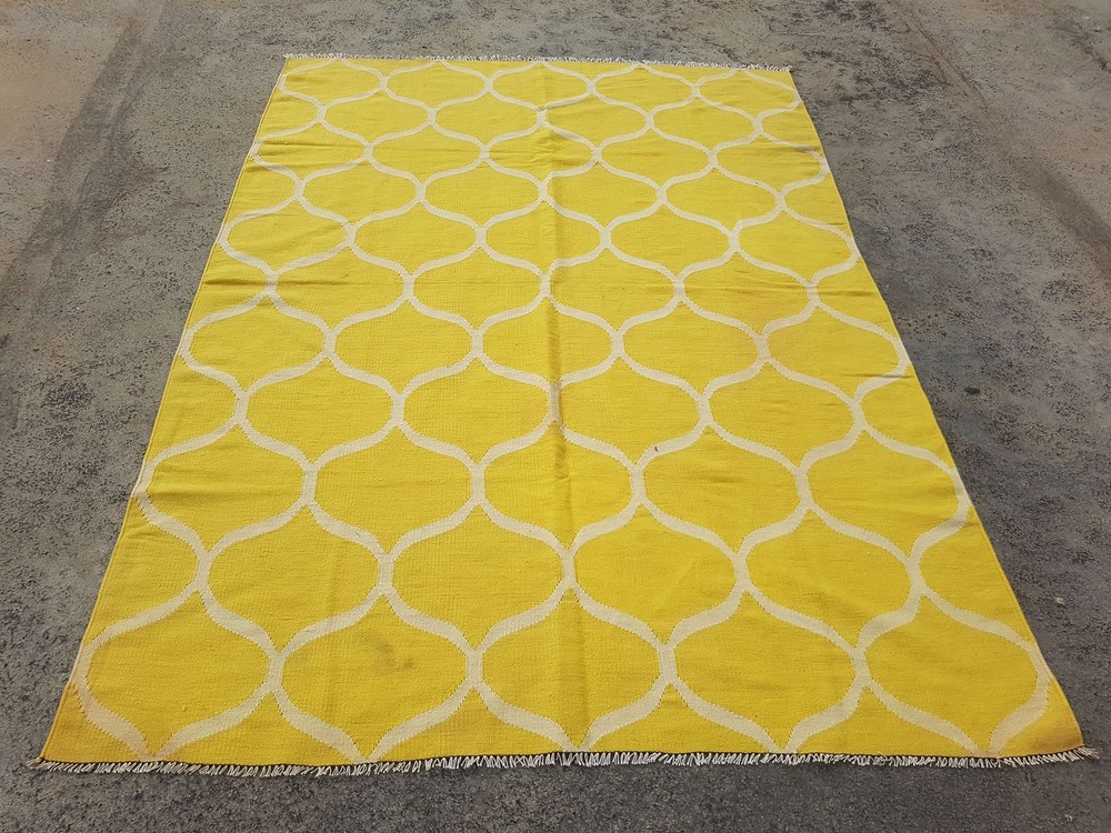 Vintage Handmade Traditional Geometric Yellow Kilim Floor Rug Carpet 233x166cm