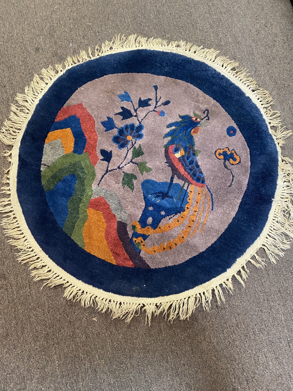 Antique Round Hand Loomed Hand Tied Ornate Colorful Bird Rug W/Fringe 36” gallery