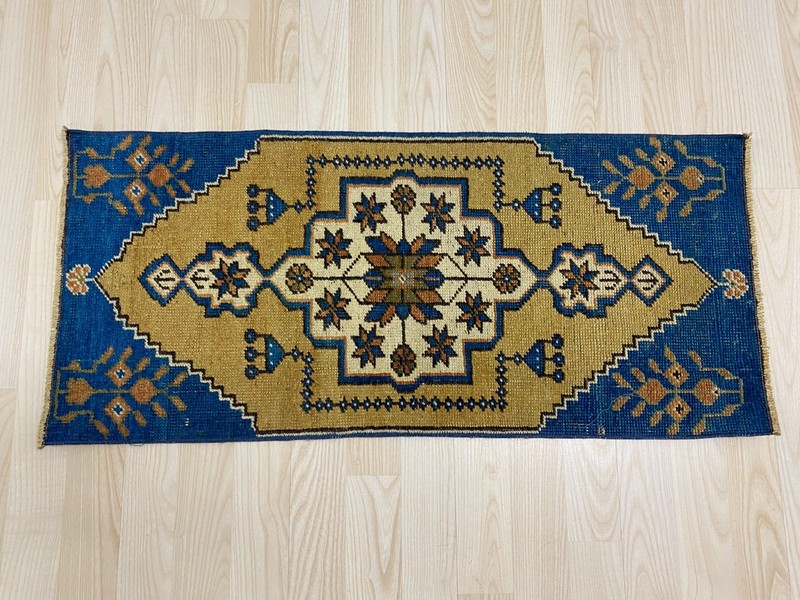 Vintage Anatolian Rug 1.3x2.8ft Antique Geometric Medallion Blue Gold Carpet Mat gallery