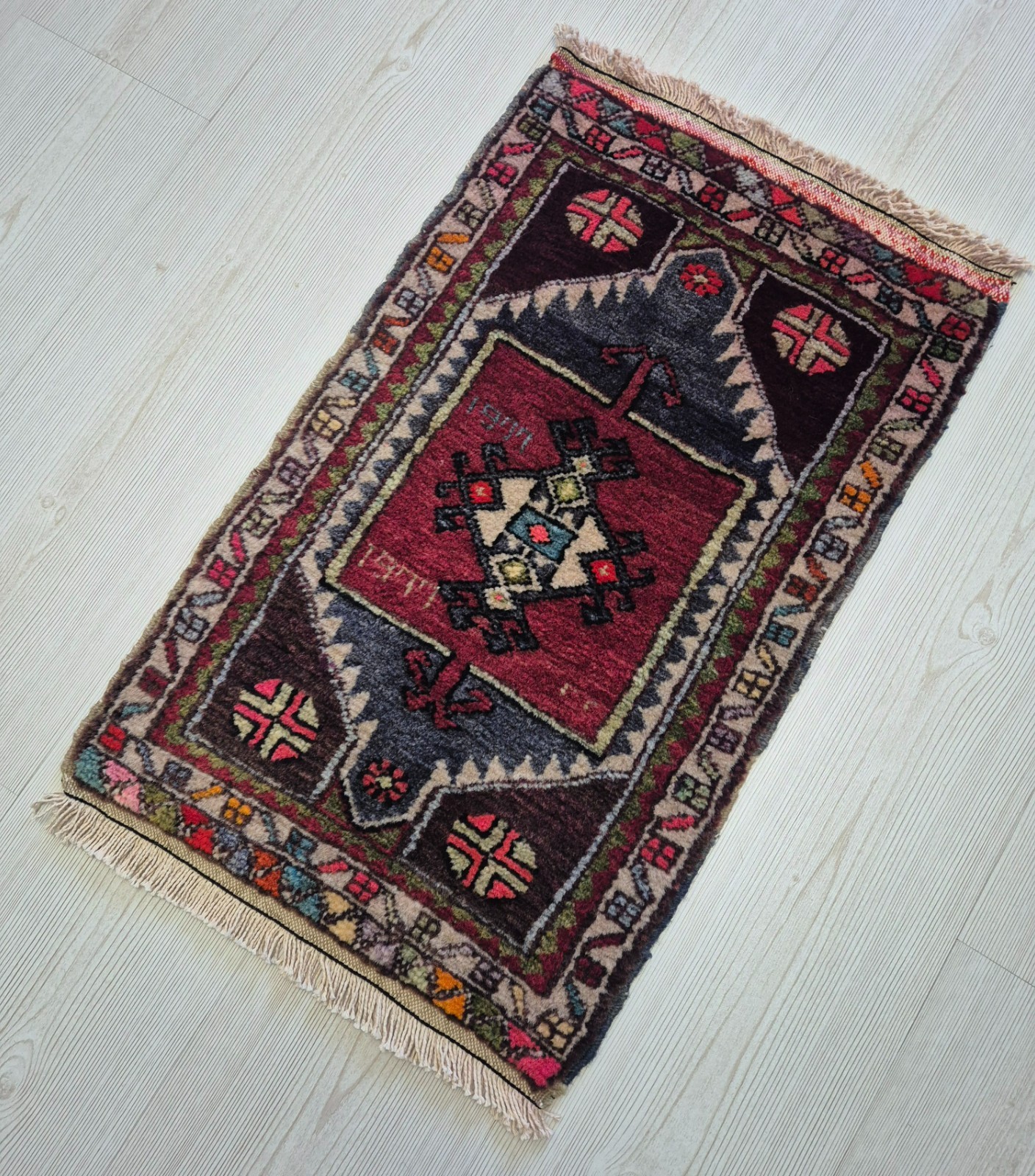 Dated 1977 Vintage Turkish Wool Rug 15x26 - Hand-Knotted Tribal Anatolian Rug gallery