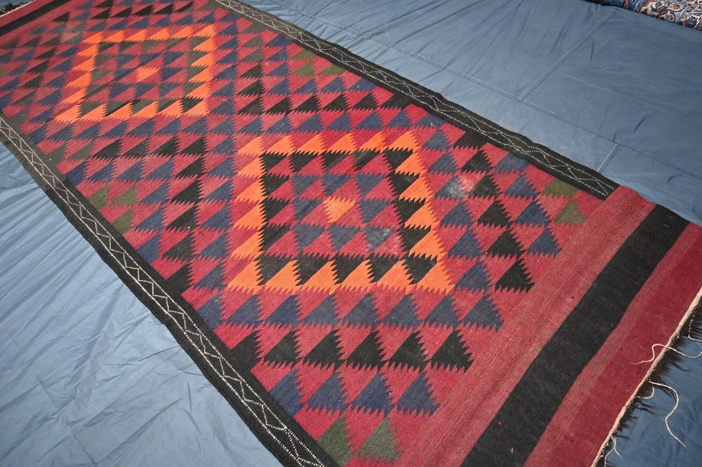 1940s Antique Afghan Geometric Kilim Rug 4x12 ft Handwoven Faded Wide Runner Rug