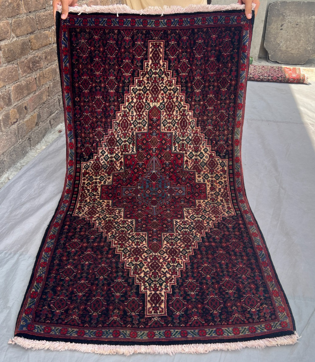 Vintage Turkish Hand Knotted Rug Geometric Medallion Navy Red 2'6x4'7 Moss Rug gallery