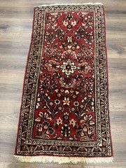 Small Oriental Rug 2×4 ft Allover Floral Pattern Red Black Cream Handmade Wool