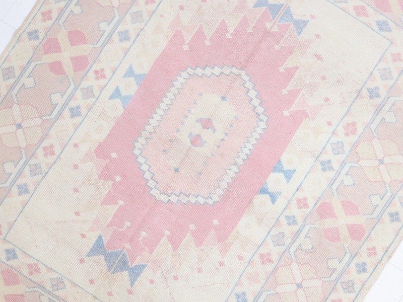 Ivory Pink Blue Handmade Wool Rug 5x6.6 ft Vintage Turkish Oushak Modern Carpet gallery