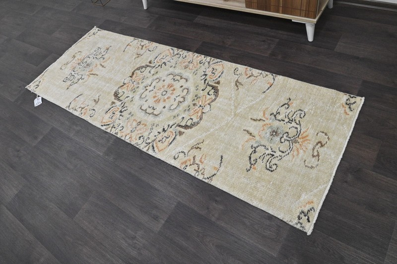 Vintage Turkish Runner Rug 2x7ft BEIGE Handmade Anatolian Oushak Hallway Wool gallery