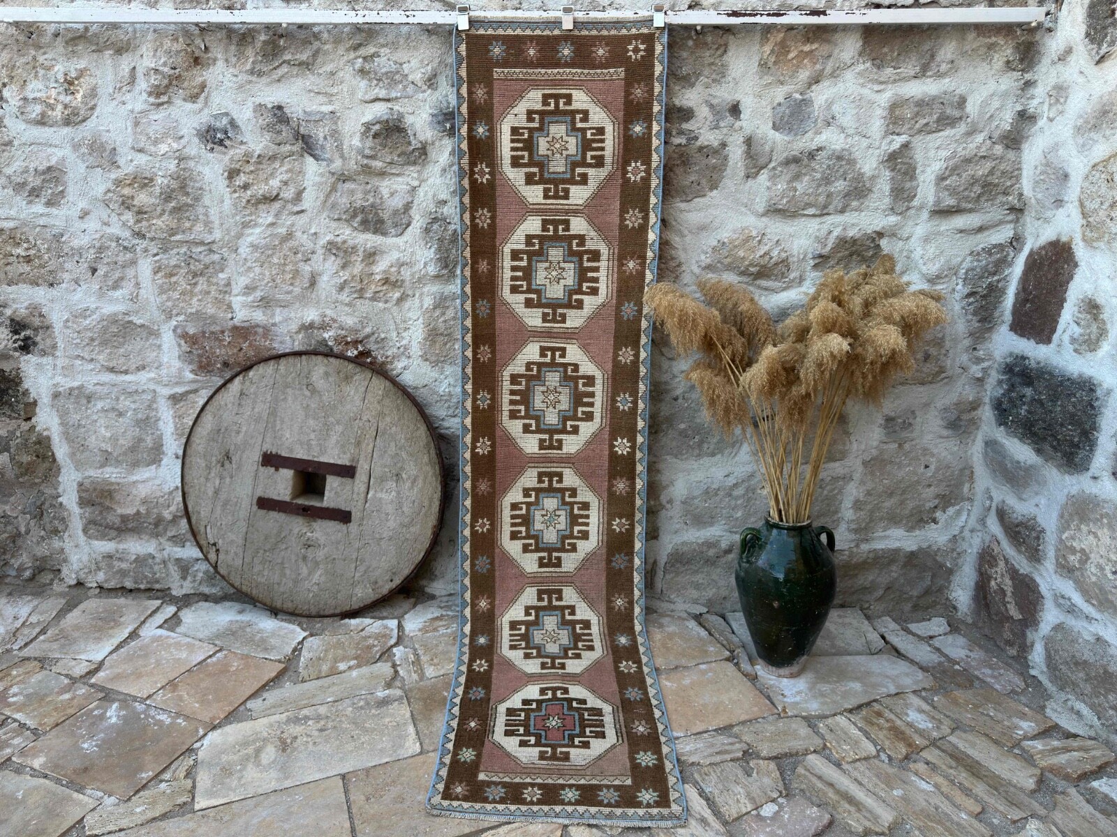 Hand-Woven Turkish Runner Rug 2x9 Blue Wool Geometric Hallway Carpet for Home gallery