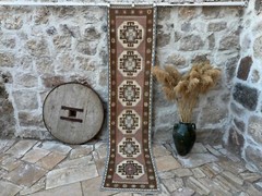 Hand-Woven Turkish Runner Rug 2×9 Blue Wool Geometric Hallway Carpet for Home