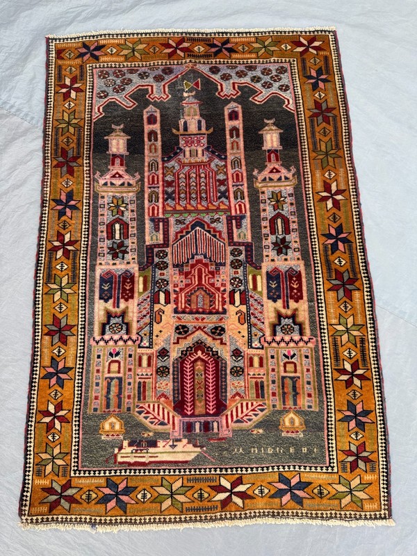 Antique Afghan Hand Knotted Wool Mosque Design Tribal Rug Rare Vintage Area Rug gallery