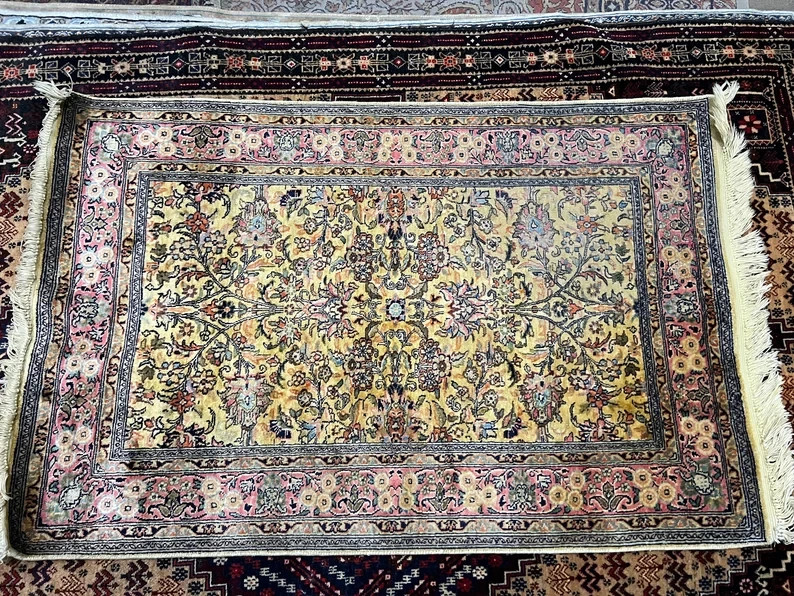 COLLECTORS' ITEM Vintage Stunning Natural Silk Turkish Hereke Floral Carpet gallery