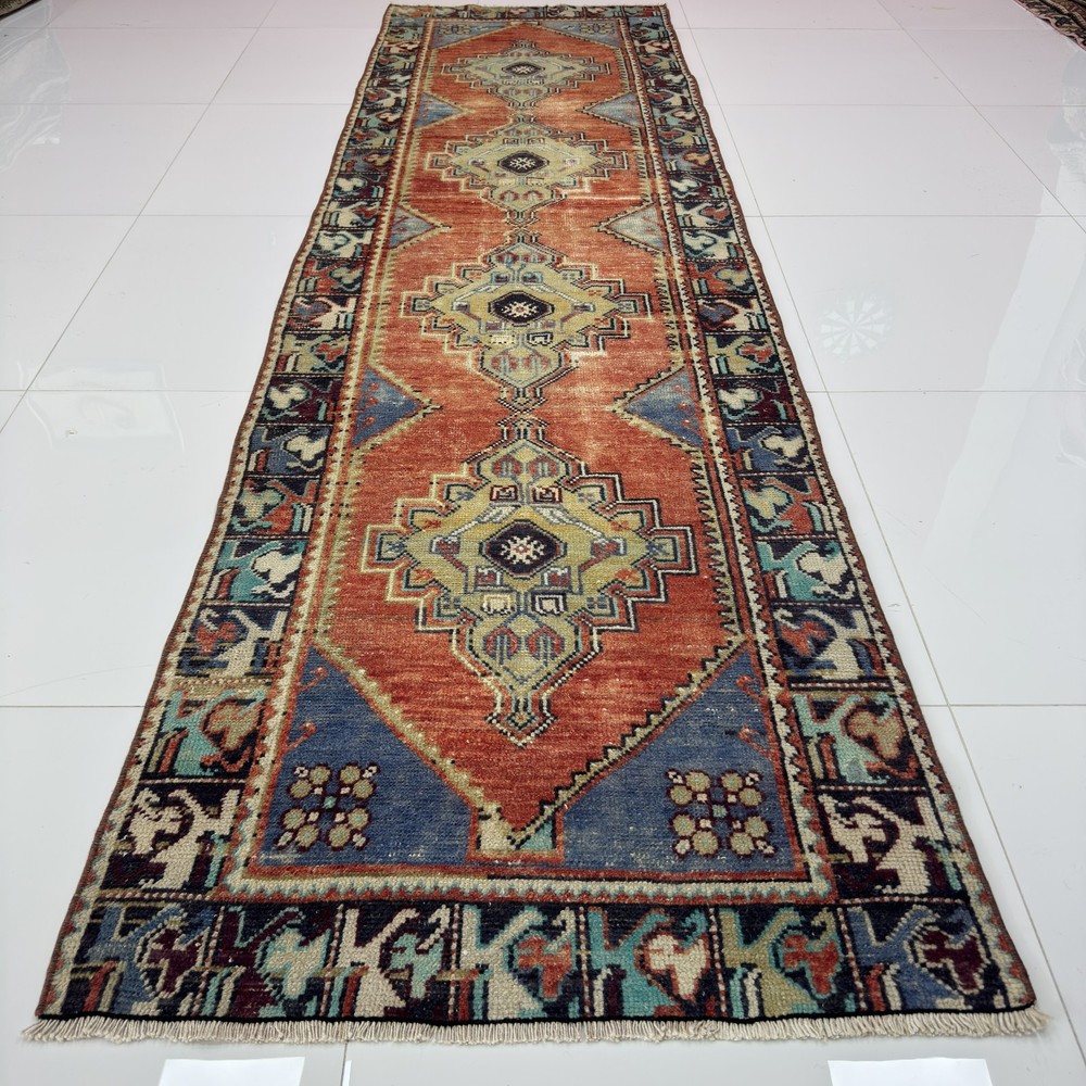 3x10 Blue And Terracotta Handwoven Antique Oriental Runner Rug- Tariff Free