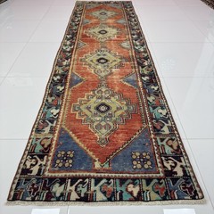 3×10 Blue And Terracotta Handwoven Antique Oriental Runner Rug- Tariff Free