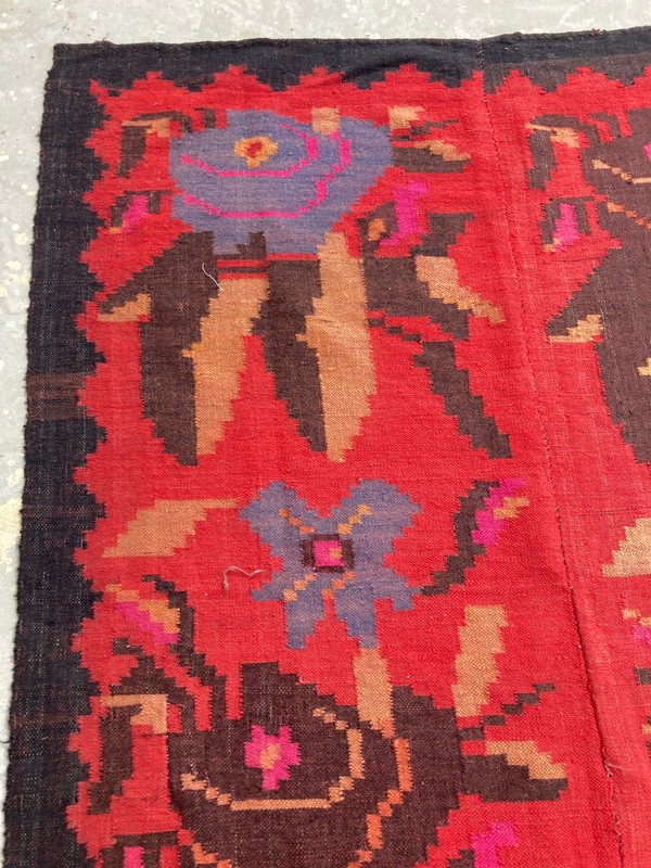 Vintage Handmade Turkish Floral Folk Art Traditional Wool Kilim Rug 317x113 cm gallery