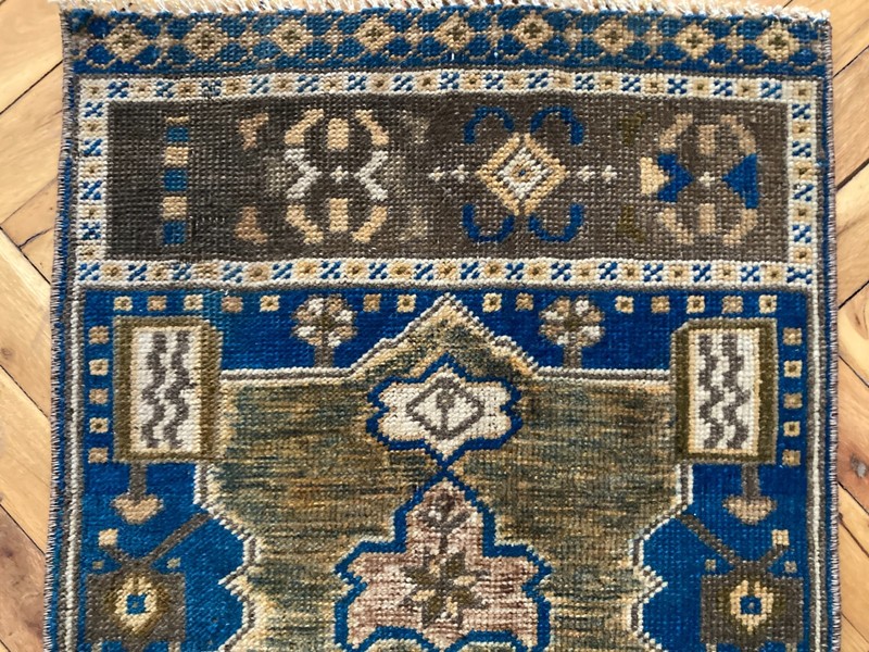 Entryway Wool Rug 1.4 x 3.6 ft Vintage Turkish Blue Brown Handwoven Carpet gallery