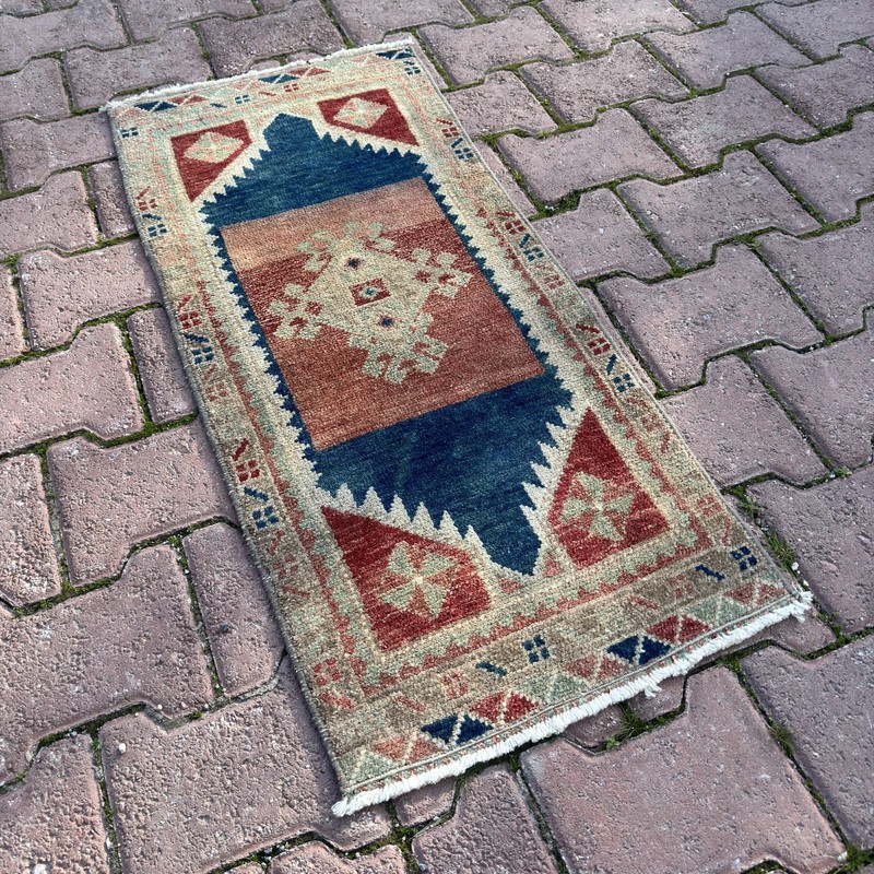 Blue Terracotta 1x3 ft Vintage Turkish Wool Rug - Tariff Free gallery